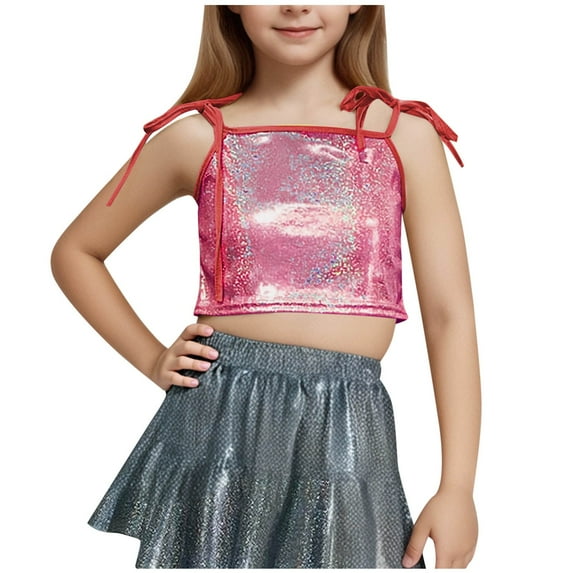 KyCheLot Girls Sequin Cami Tops Cute Tie Knot Spaghetti Strap Sparkly Fashion Sleeveless Shirts 4-14 Years