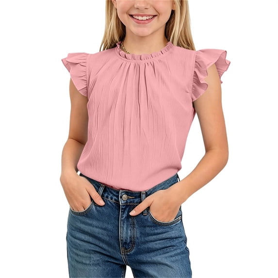 KyCheLot Girls' Solid Color Tank Tops Summer Pleated Ruffle Sleeve Crew Neck Tops Comfy Casual Sleeveless Clothes