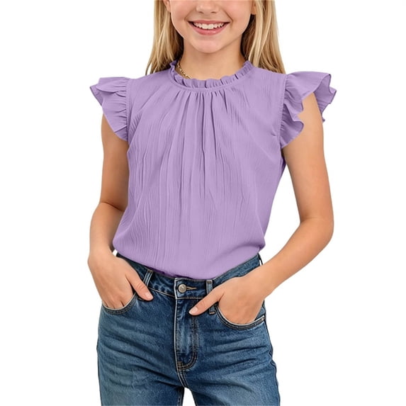 KyCheLot Girls' Solid Color Tank Tops Summer Pleated Ruffle Sleeve Crew Neck Tops Comfy Casual Sleeveless Clothes