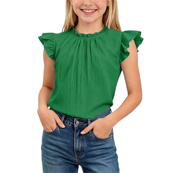 KyCheLot Girls' Solid Color Tank Tops Summer Pleated Ruffle Sleeve Crew Neck Tops Comfy Casual Sleeveless Clothes