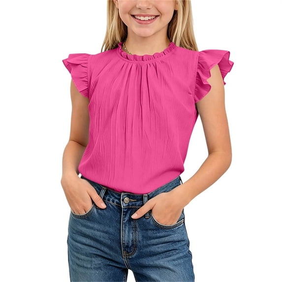 KyCheLot Girls' Solid Color Tank Tops Summer Pleated Ruffle Sleeve Crew Neck Tops Comfy Casual Sleeveless Clothes