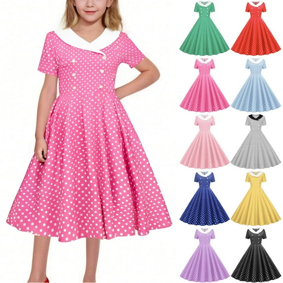 KyCheLot Girls Summer Dresses Vintage Short Sleeve Polka Dot Print Party Dance Midi Dress 5-14 Years