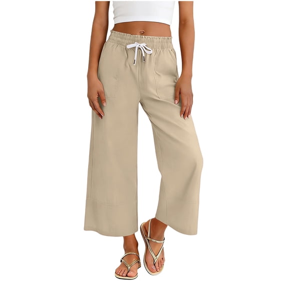 KyCheLot Girls Wide Leg Pants Casual Elastic Waist Ankle Length Cotton Linen Pants with Pockets 4-14 Years