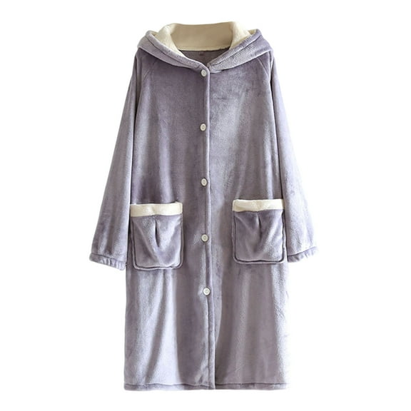 KyCheLot Hoodie Robe for Women with Pockets Oversized over the Knee Button down Fleece Warm Soft Sleepwear