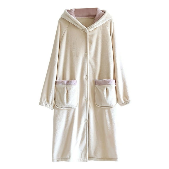KyCheLot Hoodie Robe for Women with Pockets Oversized over the Knee Button down Fleece Warm Soft Sleepwear