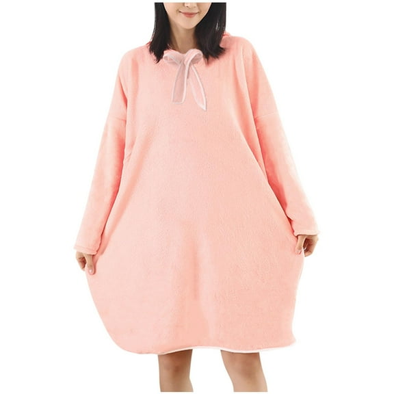 KyCheLot Hoodie Robes for Women Solid Color Pullover Long Sleeve Fleece Comfy Sleepwear Nightgowns