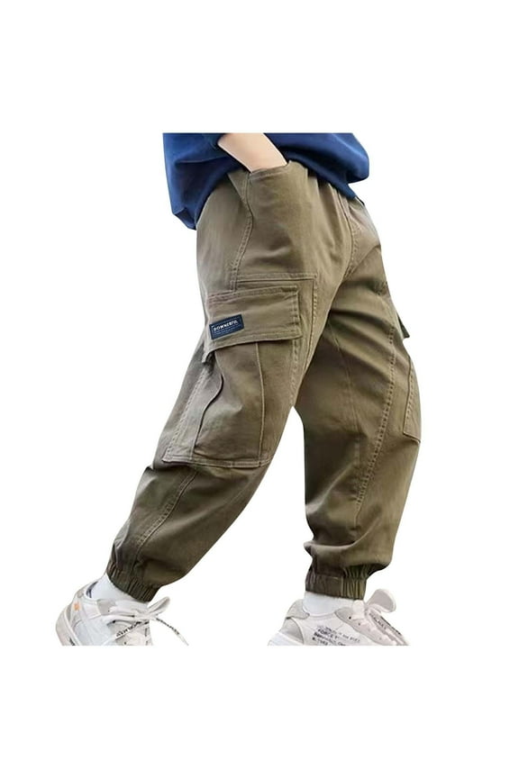 Kids Boys Cargo Pants Comfy Cotton Elastic Waist Loose Casual Pants with Pockets 8-14 Years