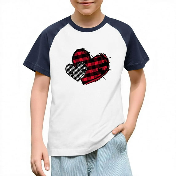 KyCheLot Kids Boys Girls Short Sleeve Shirt Valentines Day Print Color Block Casual Crewneck T Shirts 3-14 Years
