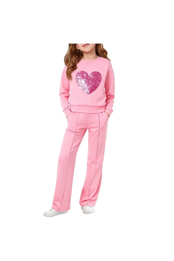 Kids Girls Outfits Activewear Print Long Sleeve Sweatshirt and Straight Leg Sweatpants Valentines Day 7-15Years