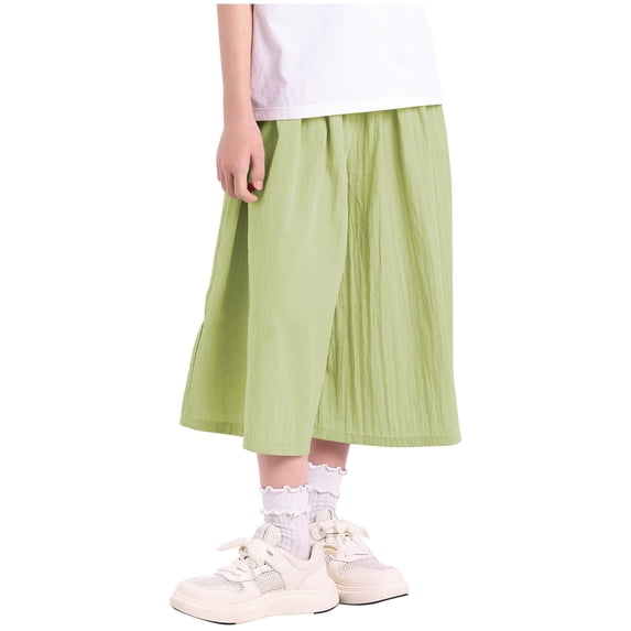 KyCheLot Kids Girls Solid Color Capris Pants Summer Pleated Wide Leg Elastic Waist Pants Comfy Fashion Skirts Pants