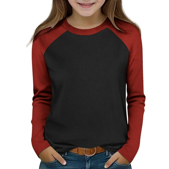 KyCheLot Kids Girls T Shirts Casual Long Sleeve Tee Crewneck Color Block Cute Spring Blouses Tops 2-15 Years