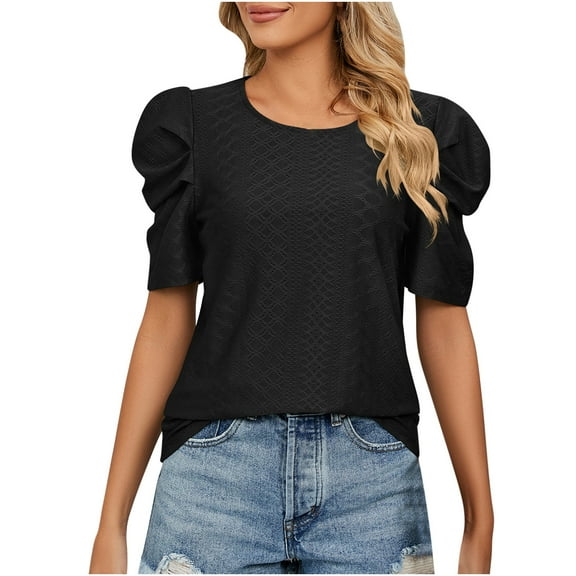 KyCheLot Knit Tunic Shirts for Women Cute Puff Short Sleeve Hollow out Crewneck Tee Tops Dressy Blouse