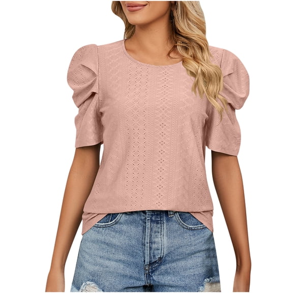 KyCheLot Knit Tunic Shirts for Women Cute Puff Short Sleeve Hollow out Crewneck Tee Tops Dressy Blouse