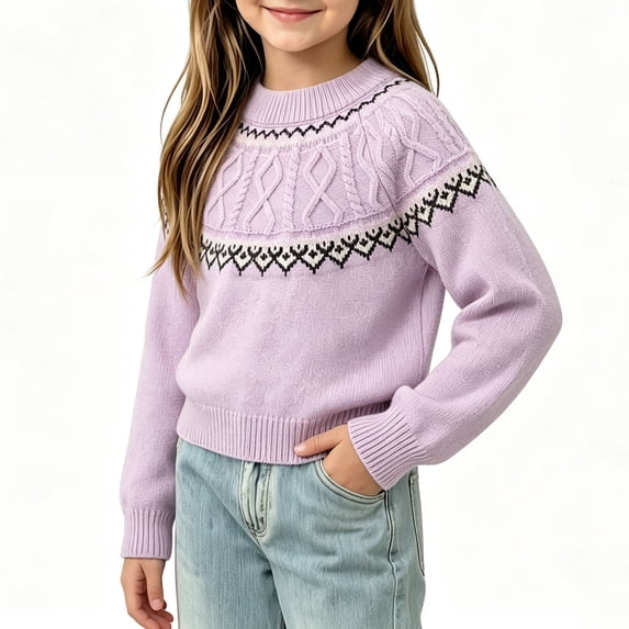 KyCheLot Knitted Sweaters for Girls Round Neck Solid Color Long Sleeve Clothes Trendy Travel Pullover Tops