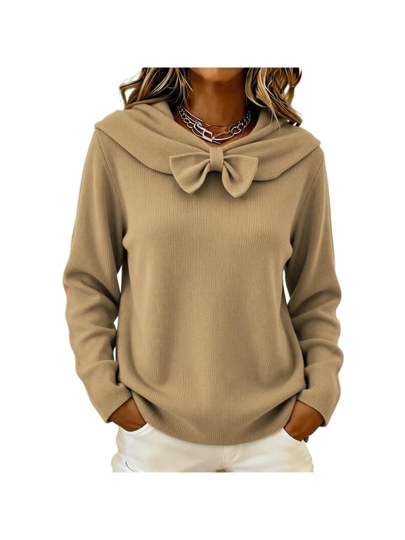Knitted Tops for Women Plus Size Bow Knot Round Neck Long Sleeve Sweaters Winter Thermal Dailywear