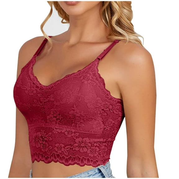KyCheLot Lace Bra for Women Spaghetti Strap Longline Embroidery Padded Soft No Underwire Crop Cami Tops