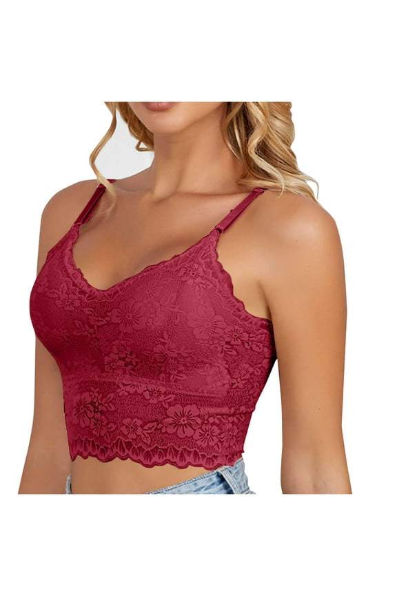 Lace Bra for Women Spaghetti Strap Longline Embroidery Padded Soft No Underwire Crop Cami Tops