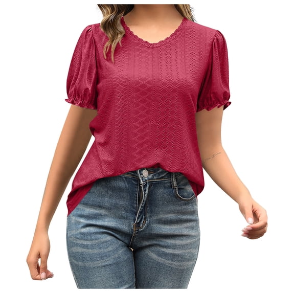 KyCheLot Loose Tees for Women Puff Short Sleeve Embroidery Crewneck Breathable T Shirt Casual Work