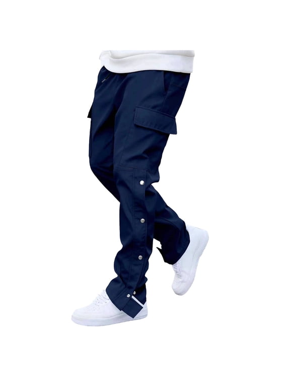 Men's Casual Cargo Pants Solid Color Side Split Snap Straight Leg Trendy Hiking Pants with Pockets