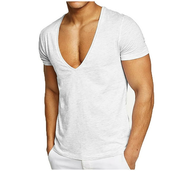 KyCheLot Men's Comfy T Shirt V Neck Stretch Short Sleeve Breathable Muscle Tee Shirt Low Cut Slim Tops Summer