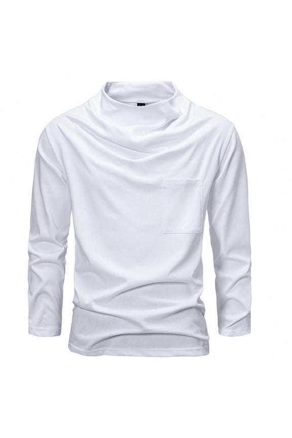Men's Cotton Undershirt Long Sleeve Ruched Collar Pullover Pocket Soft Plus Size Tshirts