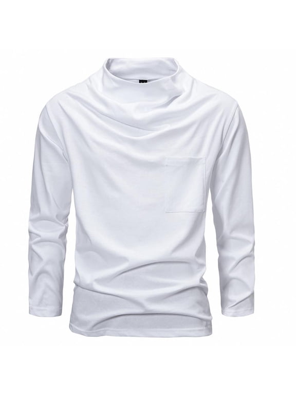 Men's Cotton Undershirt Long Sleeve Ruched Collar Pullover Pocket Soft Plus Size Tshirts