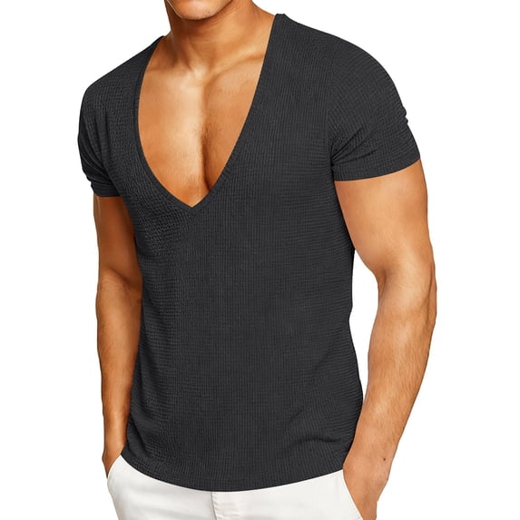 KyCheLot Men's Deep V Neck Tshirts Textured Slim Workout Short Sleeve Muscle Shirts Casual Tops