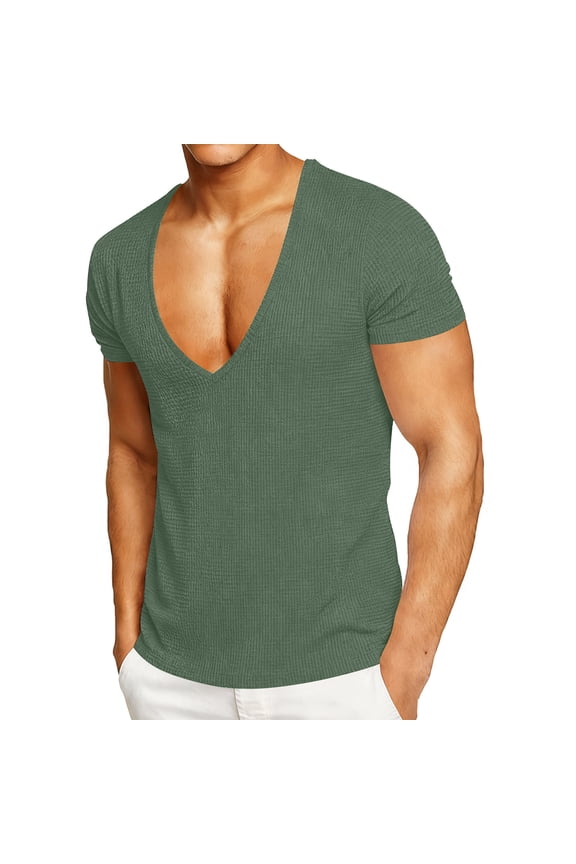 Men's Deep V Neck Tshirts Textured Slim Workout Short Sleeve Muscle Shirts Casual Tops