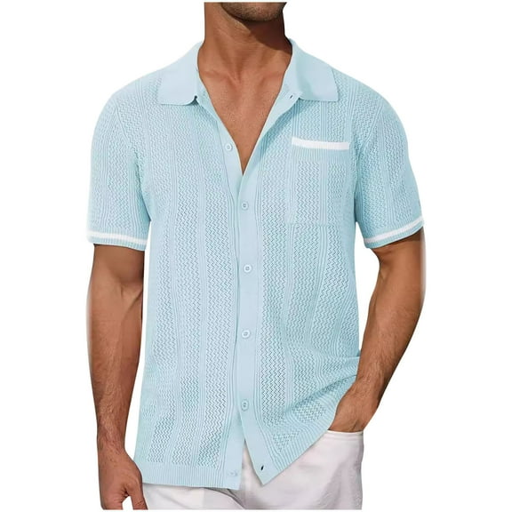 KyCheLot Men's Knit Short Sleeve Shirts Breathable Vintage Button down Shirt Summer Spring Tops Casual Shirt