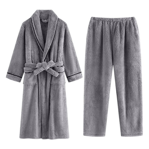 KyCheLot Men's Robe Set Fuzzy Warm Long Sleeve Belted Bathrobe and Trousers 2 Piece Sleepwear Homewear
