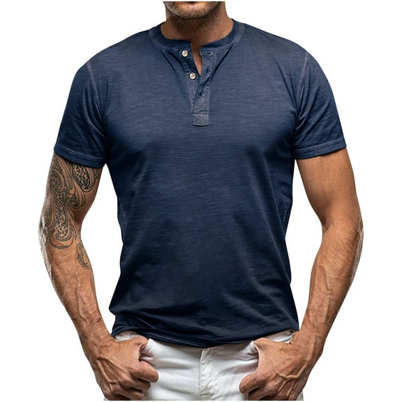 KyCheLot Men's Short Sleeve Blouse Shirt Stretchy Casual Slim Solid Color Button Athletic Muscle Tees
