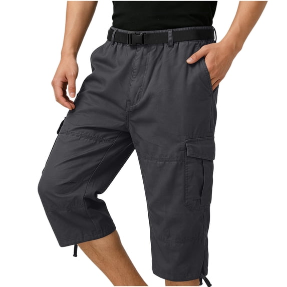 KyCheLot Men's Summer Cargo Pants Capris Zip Button Waist Crop Hiking Work Pants with Multi-pockets (No Belt)