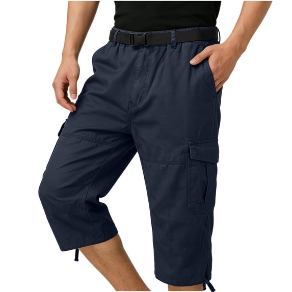 KyCheLot Men's Summer Cargo Pants Capris Zip Button Waist Crop Hiking Work Pants with Multi-pockets (No Belt)