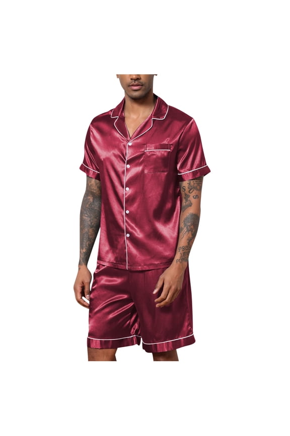Men's Two Piece Sleepwear Classic Satin Silky Short Sleeve Collar Shirts and Loose Shorts with Pockets Summer Pajamas