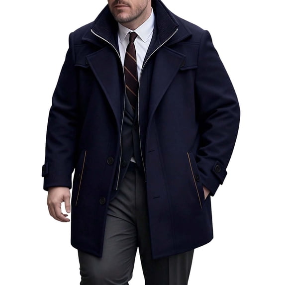 KyCheLot Men's Wool Coat Zip Mock Neck Button down Mid Length Overcoat with Pockets Big and Tall Jackets for Business