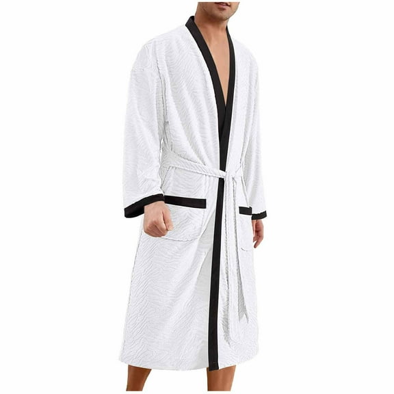 KyCheLot Mens Bath Robes Vintage Color Block Loose Long Sleeve with Belt over Knee Length Pajamas
