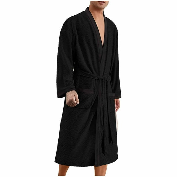 KyCheLot Mens Bath Robes Vintage Color Block Loose Long Sleeve with Belt over Knee Length Pajamas