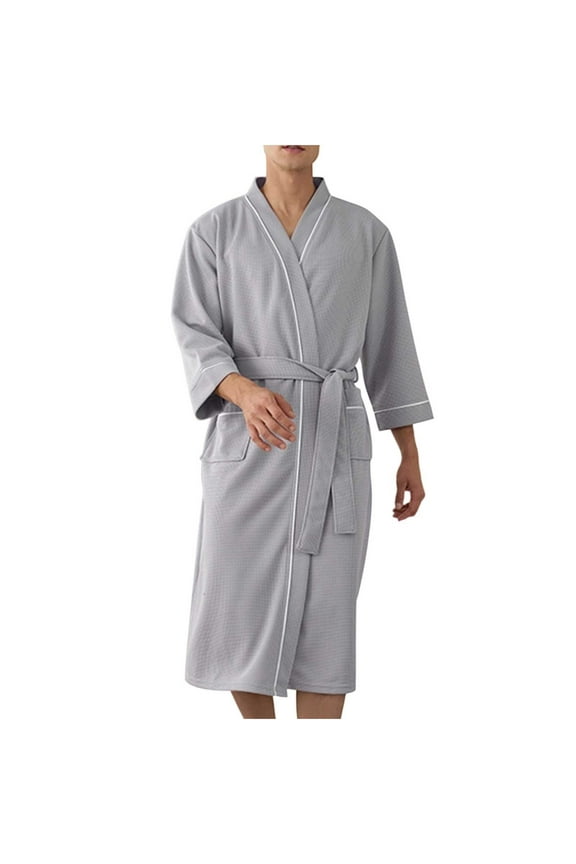 Mens Bathrobe Lightweight with Pockets and Belt Knee Length Casual V Neck Nightgown Sleepwear
