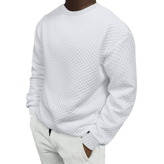 KyCheLot Mens Crewneck Sweatshirts Texture Pullover Long Sleeve Solid Color Casual Quilted Shirt