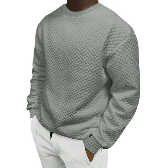 KyCheLot Mens Crewneck Sweatshirts Texture Pullover Long Sleeve Solid Color Casual Quilted Shirt