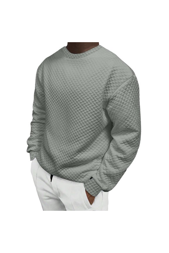 Mens Crewneck Sweatshirts Texture Pullover Long Sleeve Solid Color Casual Quilted Shirt