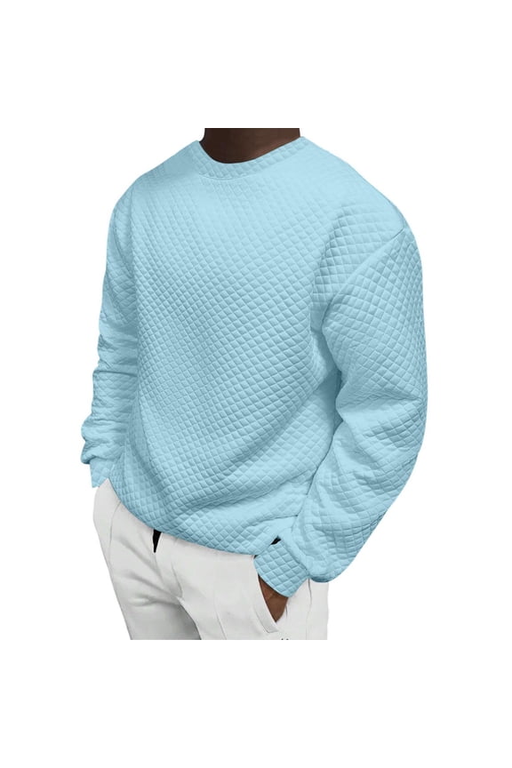 Mens Crewneck Sweatshirts Texture Pullover Long Sleeve Solid Color Casual Quilted Shirt