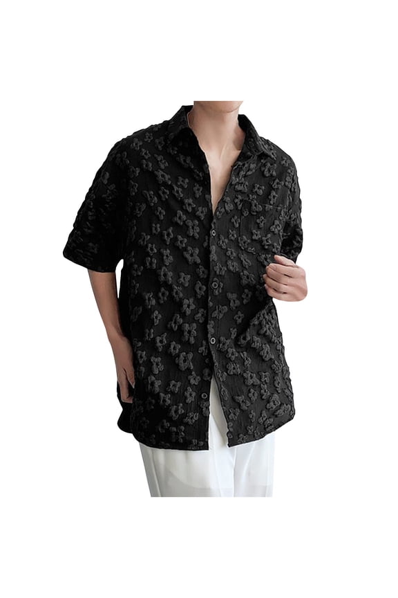 Mens Fashion Shirt Floral Embroidery Short Sleeve Collar Shirt Button down Tops Travel