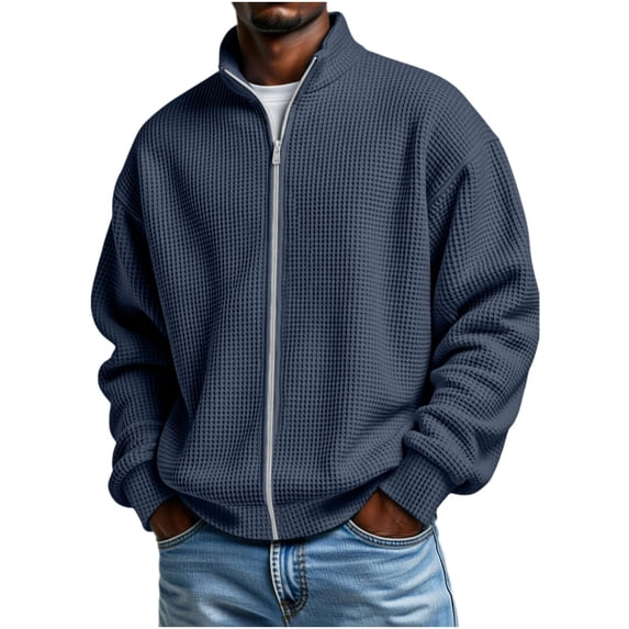 KyCheLot Mens Full Zip up Sweatshirt Long Sleeve Mock Neck Textured Pullover Loose Drop Shoulder Outwear