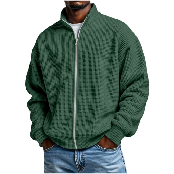 KyCheLot Mens Full Zip up Sweatshirt Long Sleeve Mock Neck Textured Pullover Loose Drop Shoulder Outwear