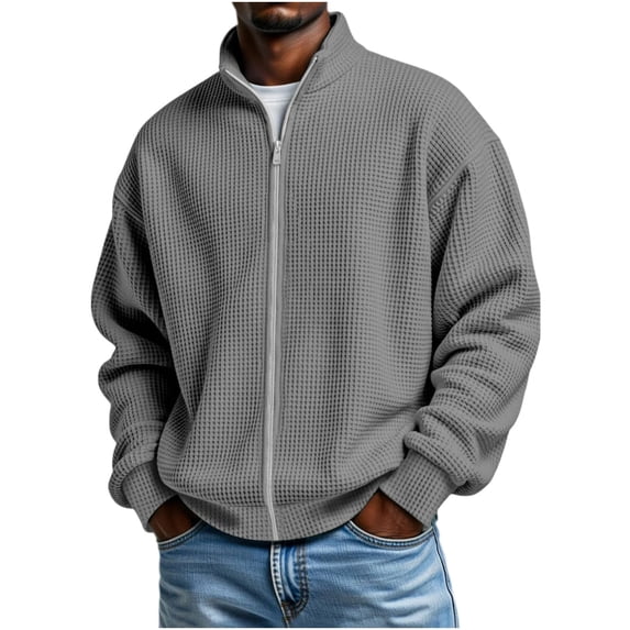 KyCheLot Mens Full Zip up Sweatshirt Long Sleeve Mock Neck Textured Pullover Loose Drop Shoulder Outwear