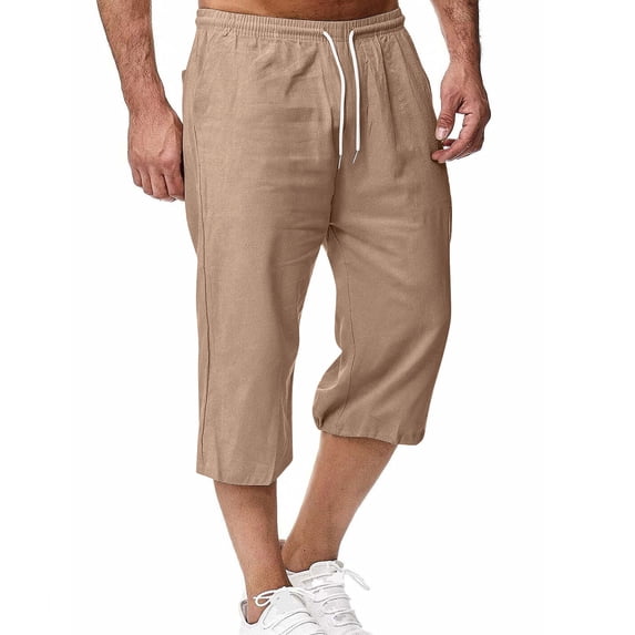 KyCheLot Mens Linen Pants Cotton Summer Capris Loose Lightweight Elastic Waist Casual Crop Pants with Pockets
