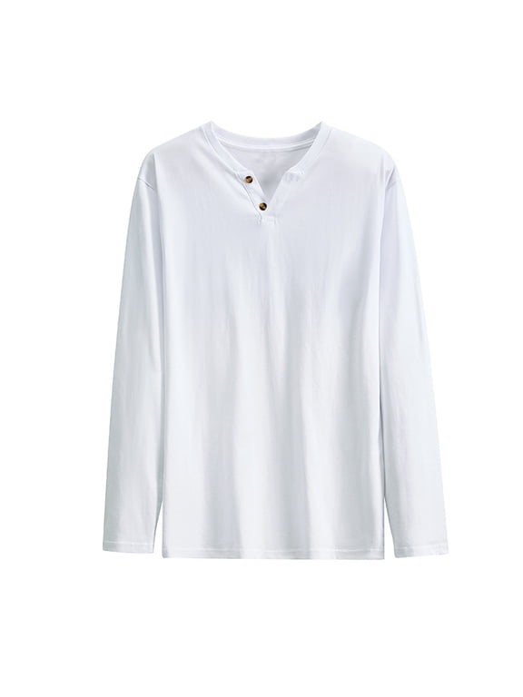 Mens Long Sleeve Cotton Shirts Casual Thin 2-Button Pullover Solid Color Basic T-Shirt Dailywear