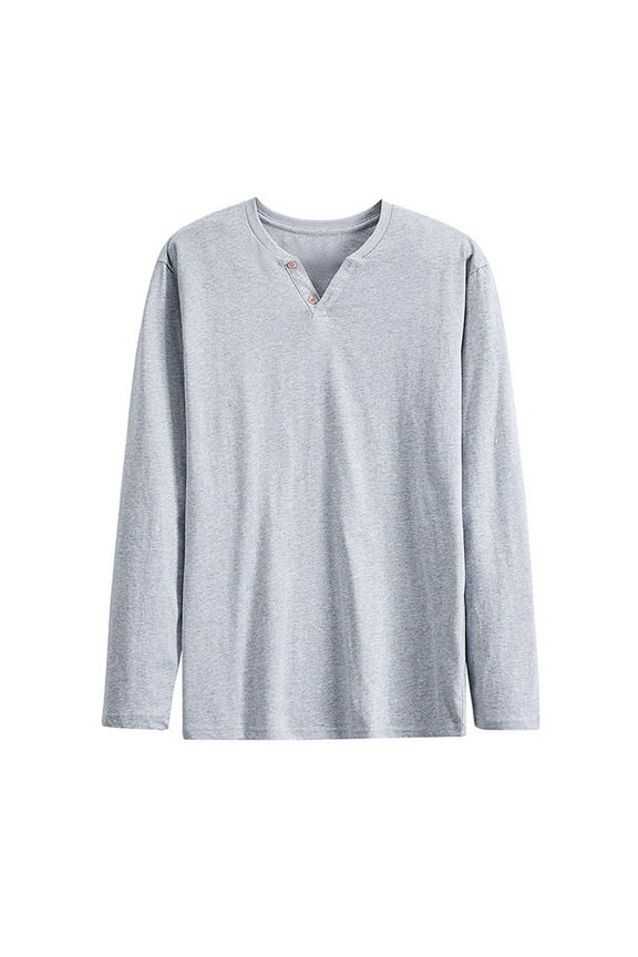 Mens Long Sleeve Cotton Shirts Casual Thin 2-Button Pullover Solid Color Basic T-Shirt Dailywear