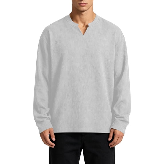 KyCheLot Mens Long Sleeve Shirt V Neck Textured Tops Oversized Casual Athletic Fashion Streetwear Pullover
